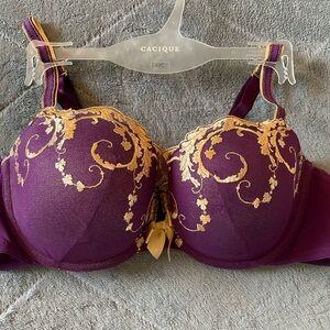 Cacique Purple Plunge Bra with Gold Embroidery